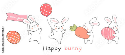 Draw rabbit with egg and carrot on white color For spring.