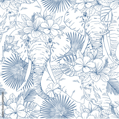 Elephant head with flower wreath vector seamless pattern. Exotic rainforest sketchy backdrop. Staring wild animal with exotic Hibiscus, Plumeria blossom. Animalistic textile, wallpaper design