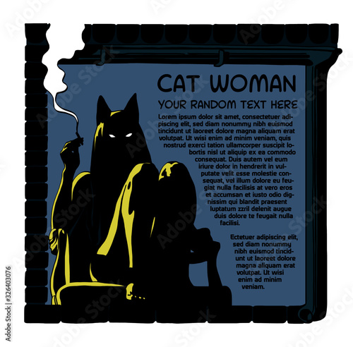 sexy cat woman sitting and smoking, comic silhouette art in dark colors for text on the blue dark background and black frame or place holder