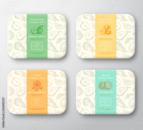 Apple, Pear, Coconut, Orange and Clove Spice Cardboard Boxes Set. Abstract Vector Wrapped Paper Cosmetics Container Label Cover. Packaging Design. Hand Drawn Fruits Background Pattern Layout.
