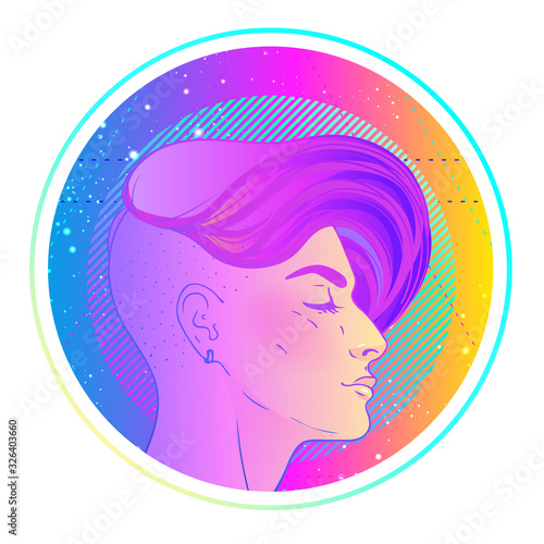 Portrait of a young pretty androgynous woman with short shaved pixie undercut in retro futurism style. Vector illustration in neon bright colors. Blue short hair. futuristic synth wave flyer template