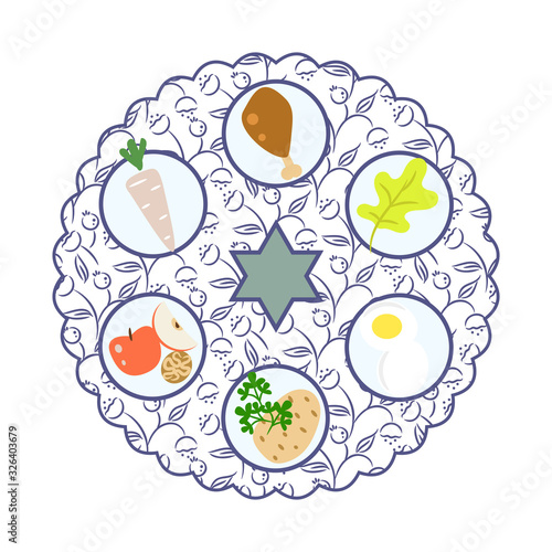 Passover seder plate with food cartoon vector illustration.