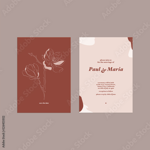 Pre-made rsvp card template with hand-drawn geometric shapes and floral illustration. Ready to use modern trendy wedding invitation in minimalist style