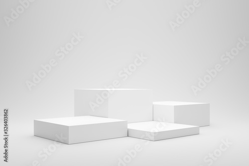 Empty podium or pedestal display on white background with box stand concept. Blank product shelf standing backdrop. 3D rendering.