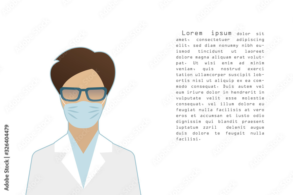 Flat style female doctor wearing a surgical mask, epidemic control concept, banner poster template with text, vector