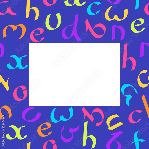 Frame of bright letters, space for text. Doodles hand-drawing. Letters on blue Background. Poster, advertising, and more. Vector