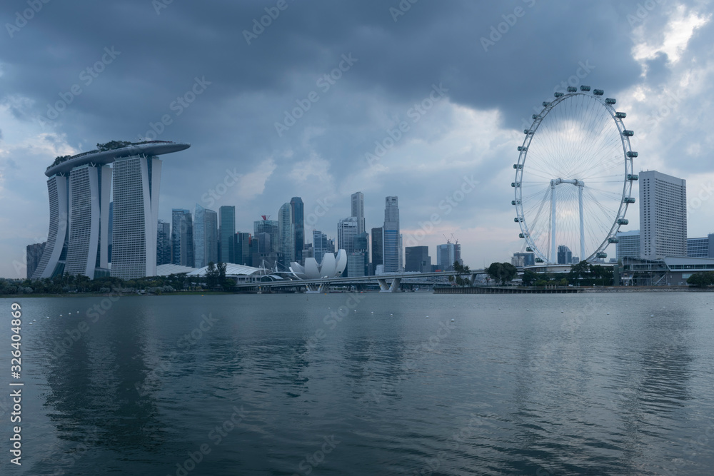 Singapore city scape landmark view at dusk.