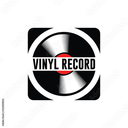 Music logo template. Musical note and vinyl record vector design. Turntable illustration