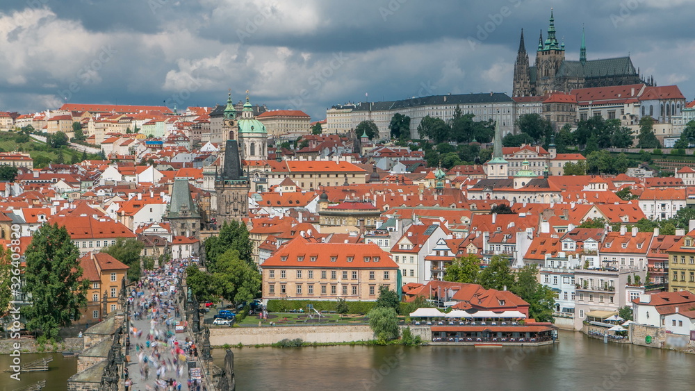 Fototapeta premium Charles Bridge and Prague Castle timelapse, view from the Bridge tower, Czech Republic