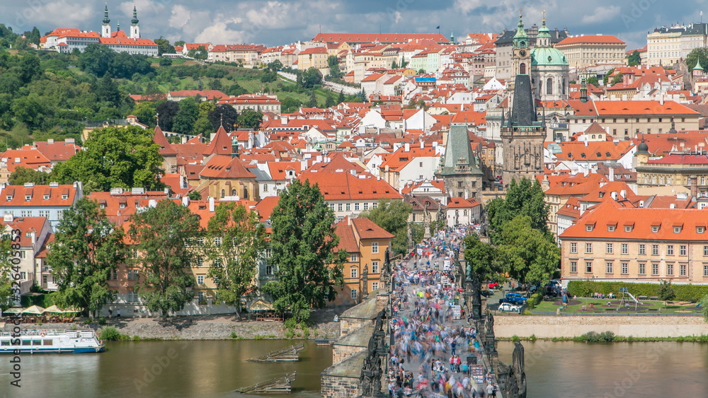 Charles Bridge and Prague Castle timelapse, view from the Bridge tower, Czech Republic