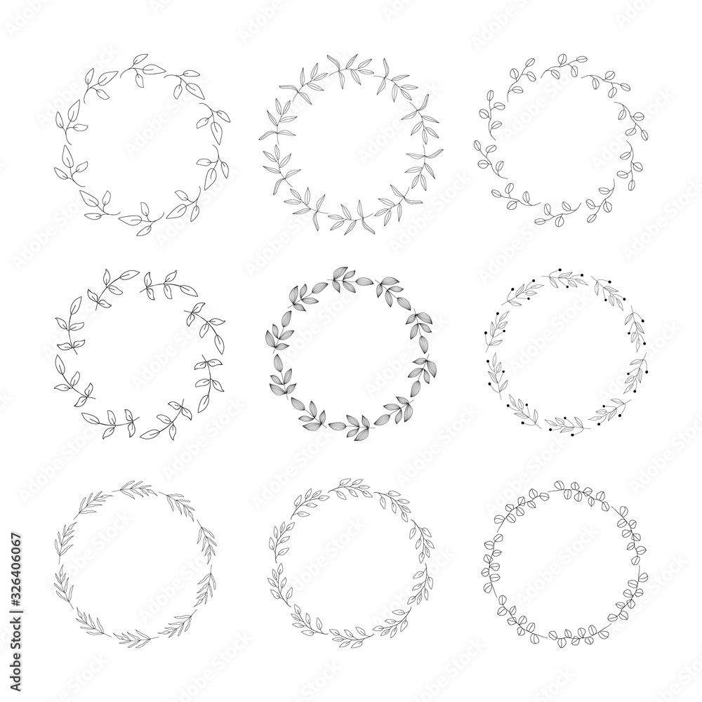Hand drawn wreath frames. Botanical circle vector illustration. Design elements for cards, invitations, quotes, blogs, posters. 
