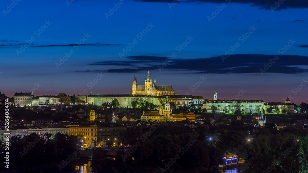 Evening view of Prague Castle over Vltava river timelapse, Czech Republic