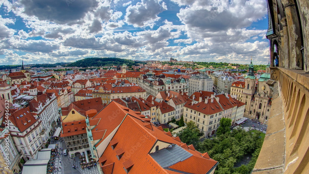 aerial panoramic view of Old Town Square neighborhood timelapse in Prague from the top of the town hall