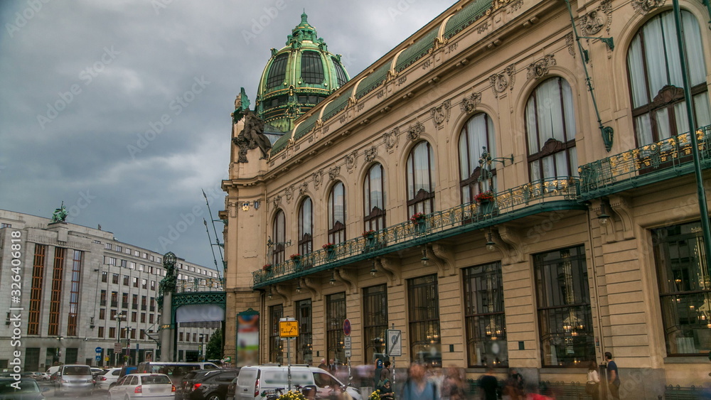 View of Municipal House and their art nouveau facades timelapse in Prague, Czech Republic