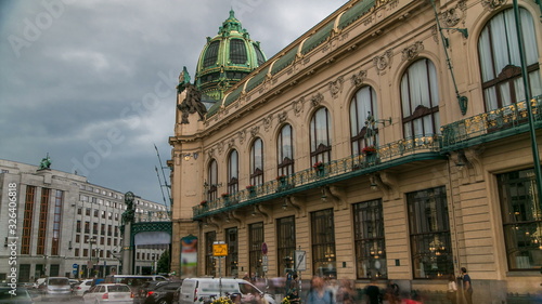 View of Municipal House and their art nouveau facades timelapse in Prague, Czech Republic