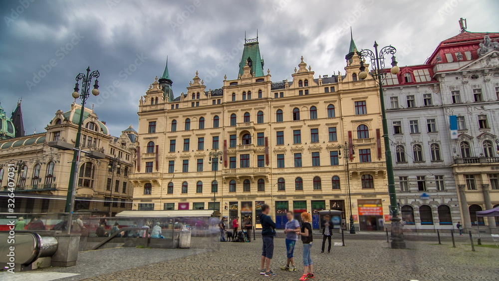 Art Nouveau buildings timelapse  in Old Town Stare Mesto by Prague Namesti Republiky station. Prague, Czech Republic