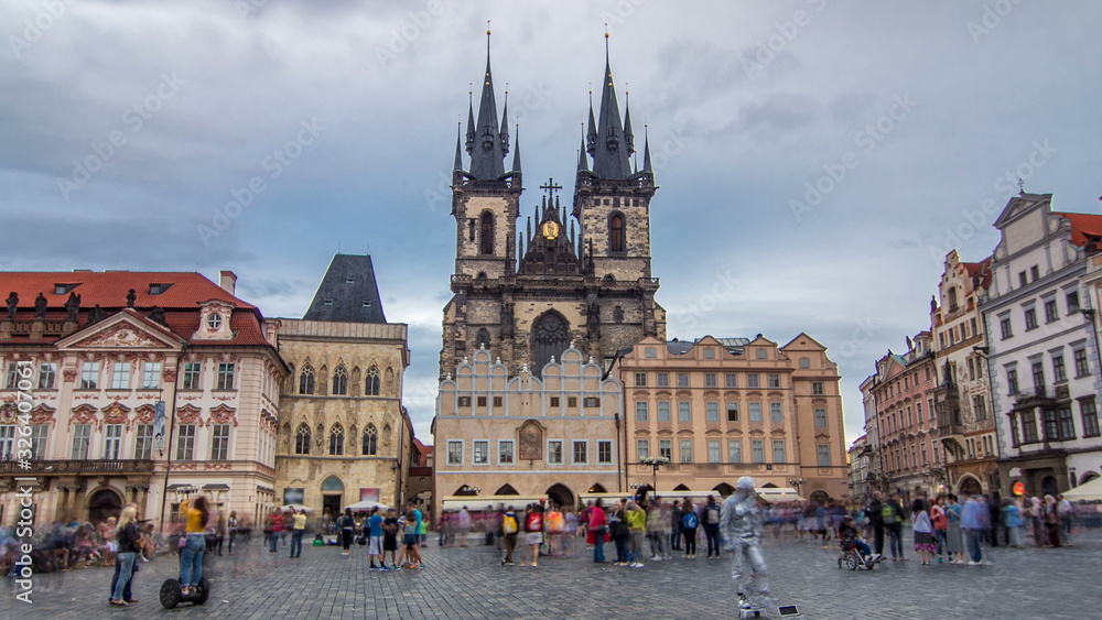 Old town square in Prague timelapse , Tyn Cathedral of the Virgin Mary and monument of Jan Hus.