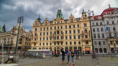 Art Nouveau buildings timelapse in Old Town Stare Mesto by Prague Namesti Republiky station. Prague, Czech Republic