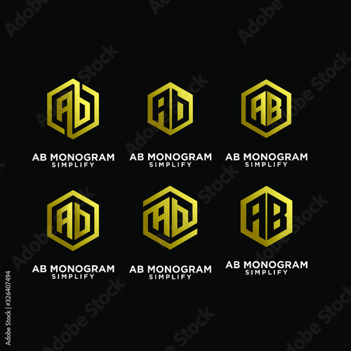 set of gold ab, ba, a b initial monogram hexagon letter black logo design with black background