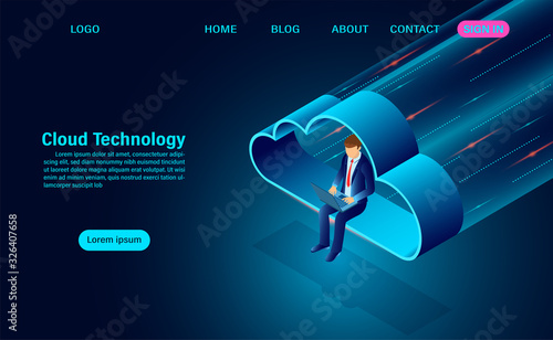 Cloud computing concept. online computing technology. big data flow processing concept. isometric flat design vector illustration.
