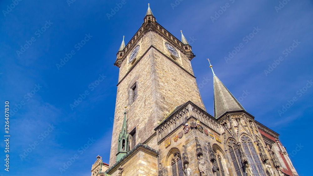 Fototapeta premium Old Town City Hall in Prague timelapse, view from Old Town Square, Czech Republic