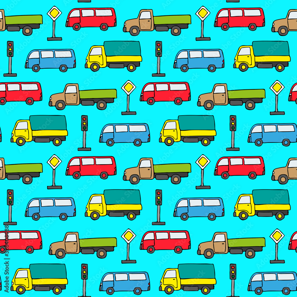 Naklejka premium Multi-colored cars and road signs on a blue background. Children's cartoon seamless pattern. Vector graphic hand drawing. Texture.