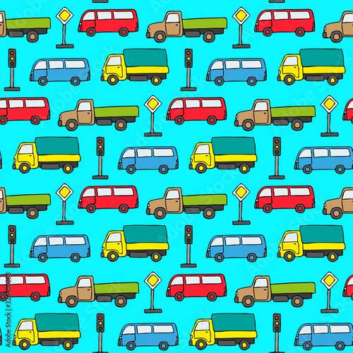 Multi-colored cars and road signs on a blue background. Children's cartoon seamless pattern. Vector graphic hand drawing. Texture.