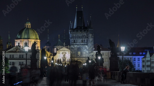 Magnificent Gothic structure called Stare Mesto Tower timelapse on Charles Bridge