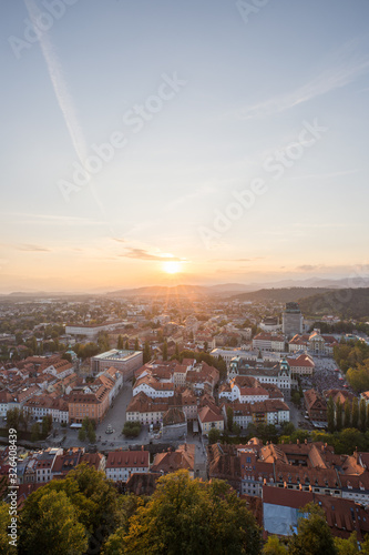 Aerial view of the sunset cityscape in Ljubljana, Slovenia