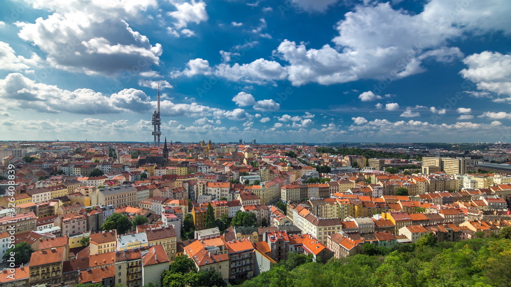 Timelapse view from the top of the Vitkov Memorial on the Prague landscape on a sunny day with the famous Zizkov TV tower on the horizon