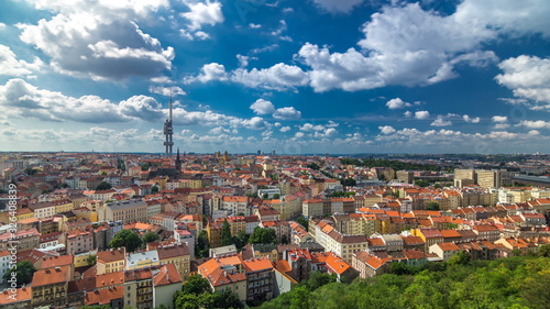 Timelapse view from the top of the Vitkov Memorial on the Prague landscape on a sunny day with the famous Zizkov TV tower on the horizon