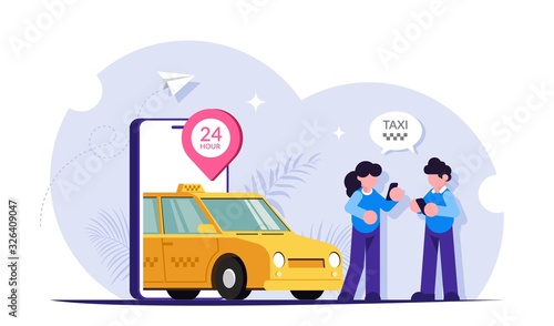 Online taxi concept. People call the car to travel around the city using a mobile app. 24-hour operation of the online service. Modern flat vector illustration.