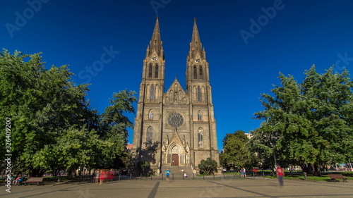 Medieval cathedral of Saint Ludmila timelapse  in Prague in the Czech republic