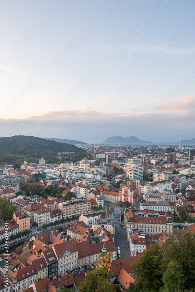 Aerial view of the sunset cityscape in Ljubljana, Slovenia