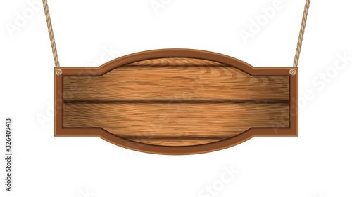 Vintage Western Saloon Wooden Nameplate Vector. Hanging On Cords Saloon Or Rancho Name Wood Material Frame. Building Exterior Detail Colorful Concept Layout Realistic 3d Illustration
