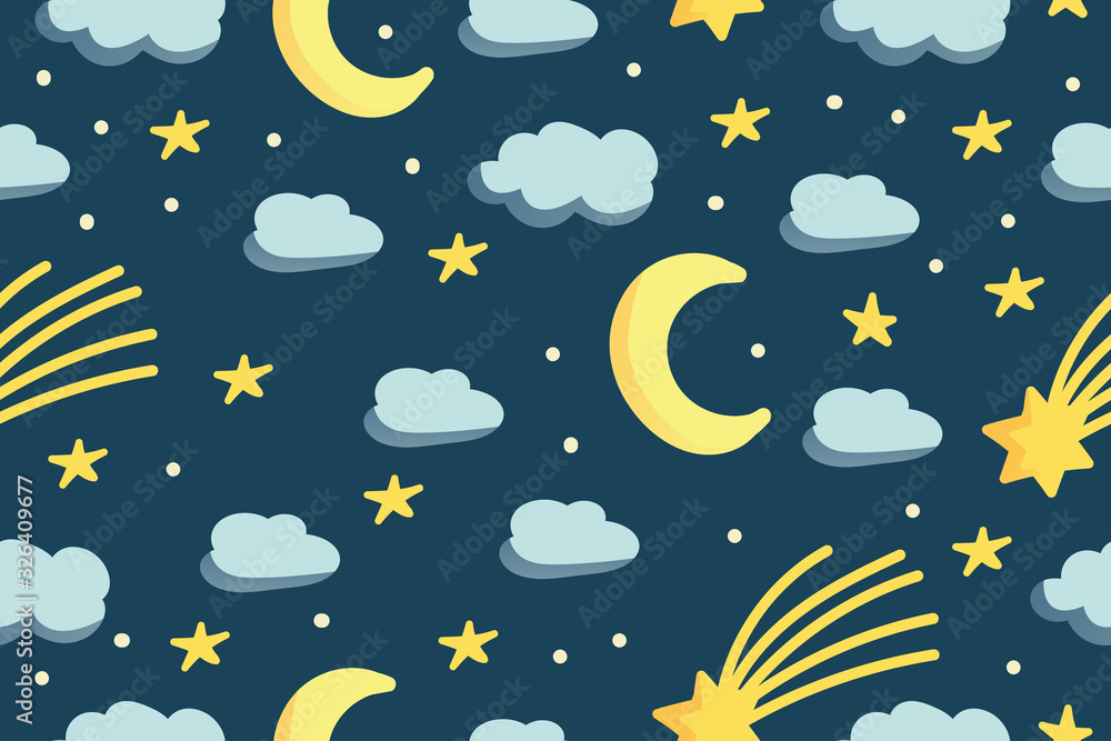 Cute night sky with yellow stars , moon and clouds. Seamless pattern. Modern hand drawn illustration in flat style. Baby nursery room. Wrapping paper or kid textile concept. Sweet dreams. Cute night sky with yellow stars , moon and clouds. Seamless pattern. Modern hand drawn illustration in flat style. Baby nursery room. Wrapping paper or kid textile concept. Sweet dreams.