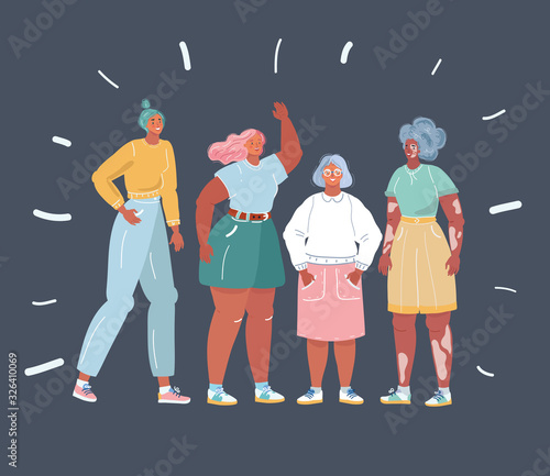Body positive group women. Beauty diversity of different women on dark background