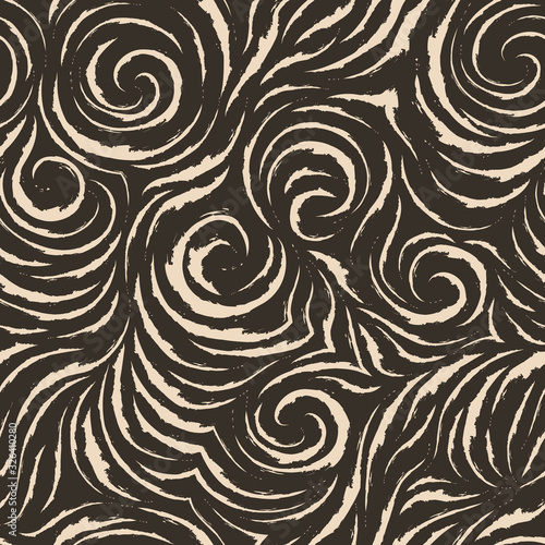 Seamless vector brown pattern of smooth lines with torn edges in the form of corners and spirals. Dark texture for finishing fabrics or wrapping paper in pastel colors