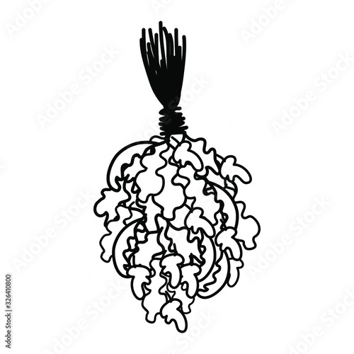 Doodle black and white oak bath broom to kick on the back. Sauna bathhouse equipment. Healthy procedures, line art. Vector stock illustration.