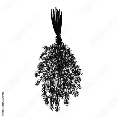 Fototapeta Doodle black fir bath broom to kick on the back. Sauna bathhouse equipment. Healthy procedures, line art. Vector stock illustration.