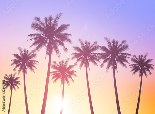 World Tourism Day concept: Silhouettes of coconut trees against the setting sun