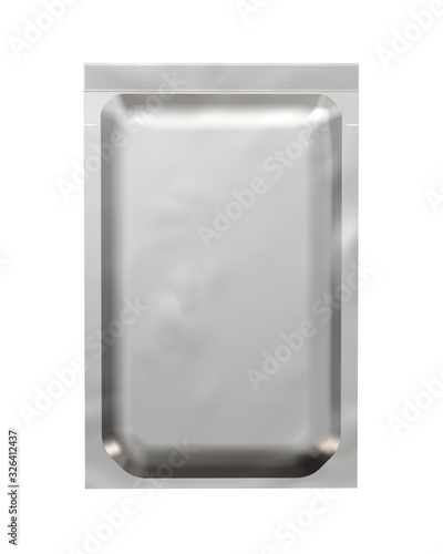 Metal Foil Bag Pack Mock Up. 3D Render Isolated on White Background. photo