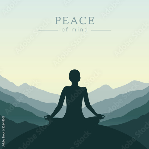 peace of mind meditation concept silhouette with mountain background vector illustration EPS10