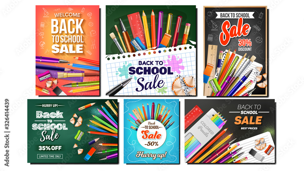 School Sale Collection Creative Posters Set Vector. Ruler And Eraser, Different Color Pencils And Pens, Sharpener And Paint Brush Pupil School Equipment. Concept Layout Realistic 3d Illustrations