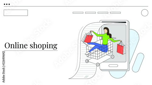 Online retail application concept. Light outline drawing style. Isolated illustration for your design, infographic, landing page or app designing.