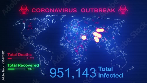 Video animation of a world map showing the outbreak of the coronavirus - with numbers of people infected - screen