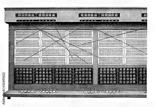 Telephone exchange on the 19th century, to manually connect calls with a telephone switchboard photo