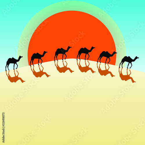 desert landscape with camel caravan at sunset