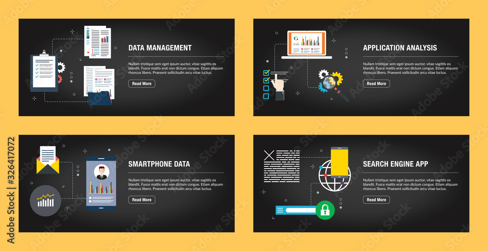 Set of internet banner design templates for web sites, internet marketing, and business. Data management, application analysis, smartphone data and search engine app. Flat design vector.