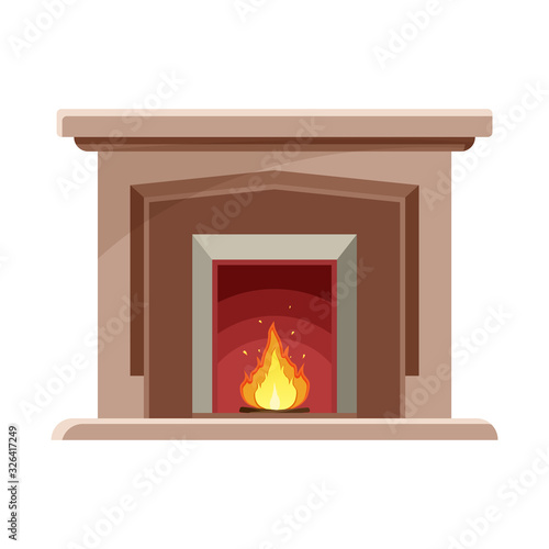 Rectangular fireplace with open fire. Cartoon icon of modern hearth with flame with sparks. Color illustration of warm, home comfort. Flat isolated vector image on white background